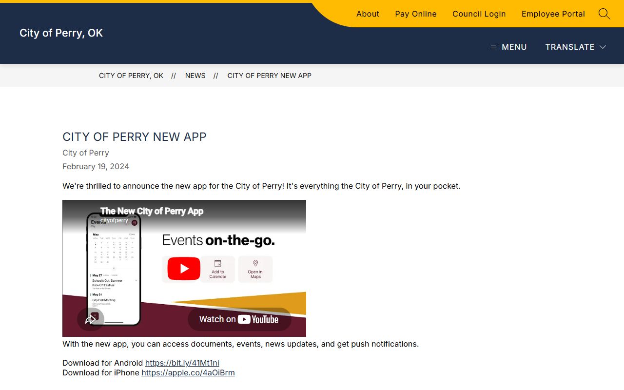 Noble County Court Clerk note on the City of Perry app for local notices, not court records
