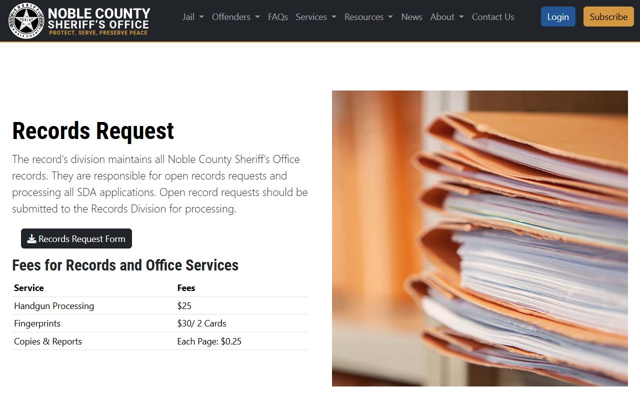 Noble County arrest records request and charges copy request page