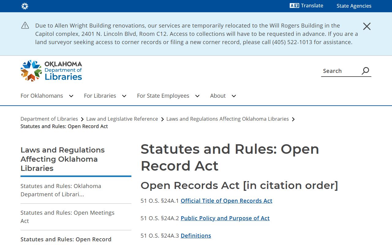 Noble County court dockets and Oklahoma Open Records Act citations
