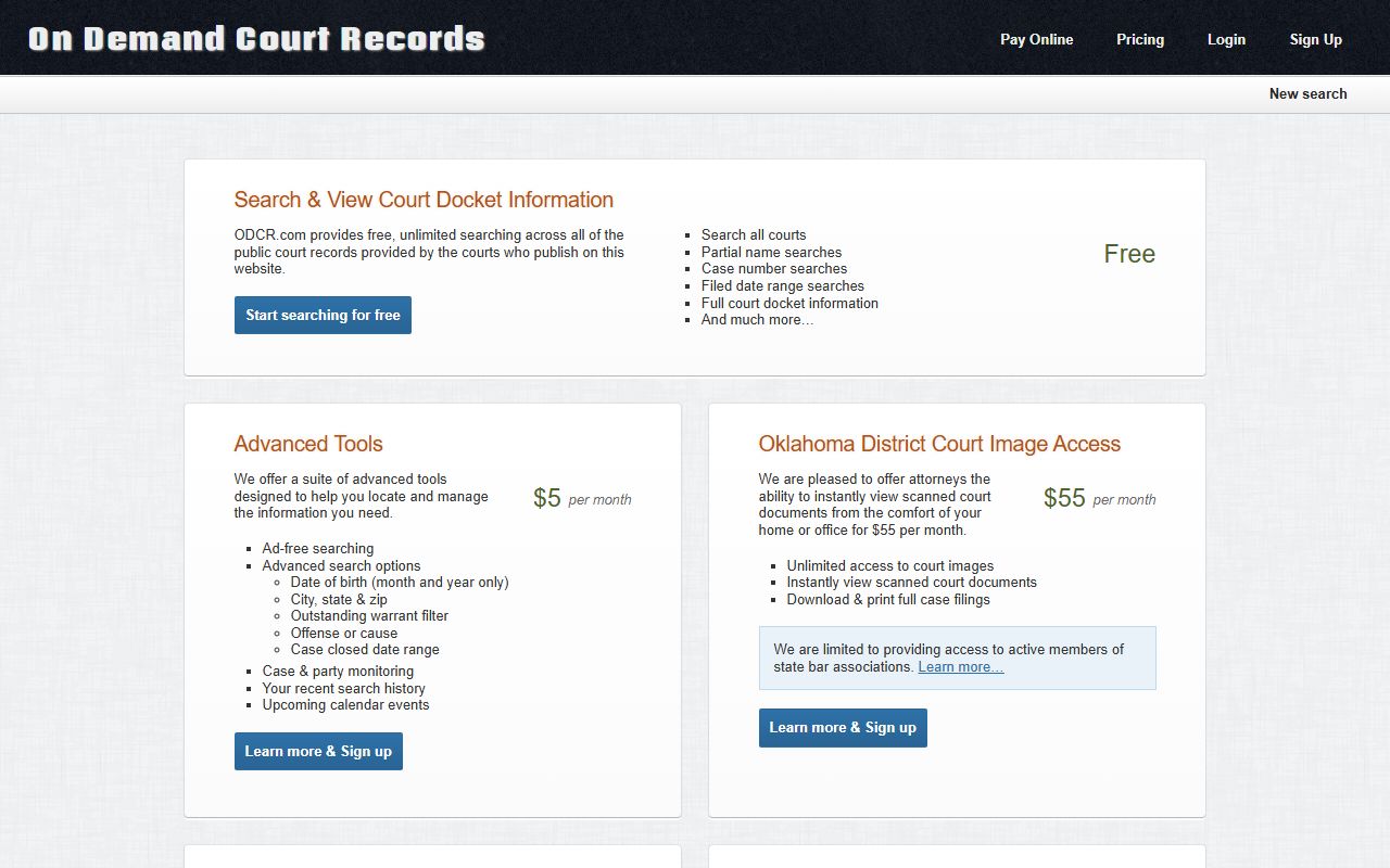 ODCR pricing page for Noble County court records search