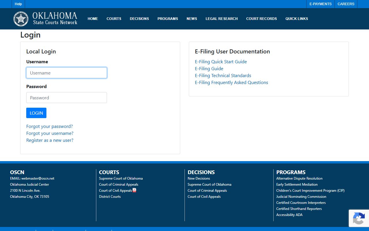 OSCN e-file login page that feeds Noble County court records online