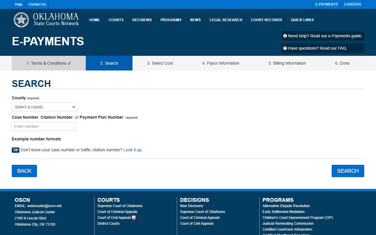 OSCN e-payments portal for paying Noble County court records balances