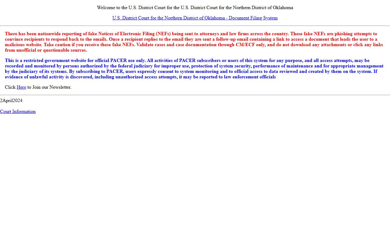 Northern District of Oklahoma CM/ECF filing system, separate from the Noble County District Court case system