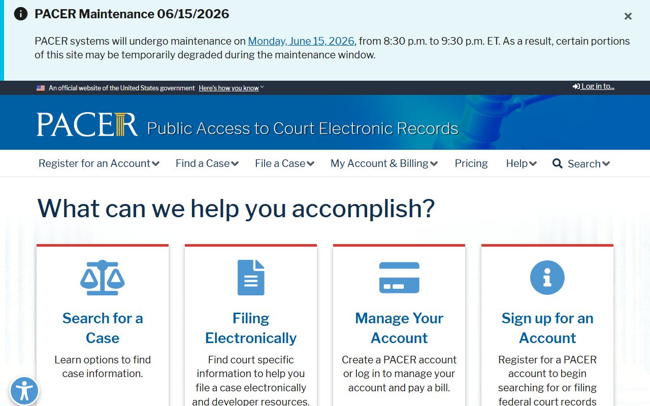 PACER federal case access system used for Noble County District Court matters that move to federal court