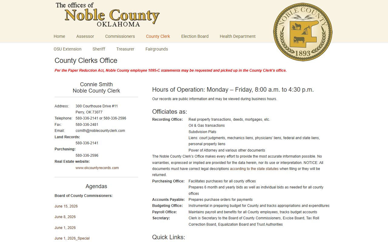 Noble County court records County Clerk office page