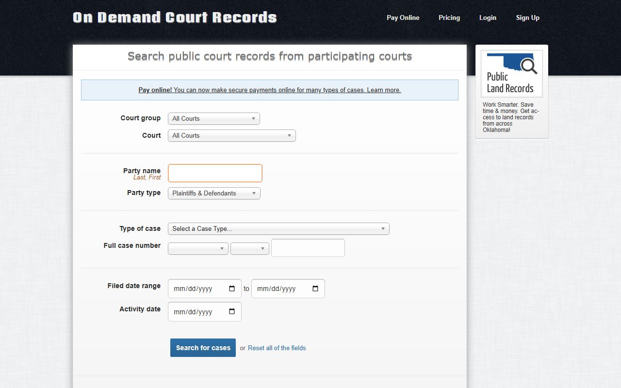 Noble County court records ODCR public search interface