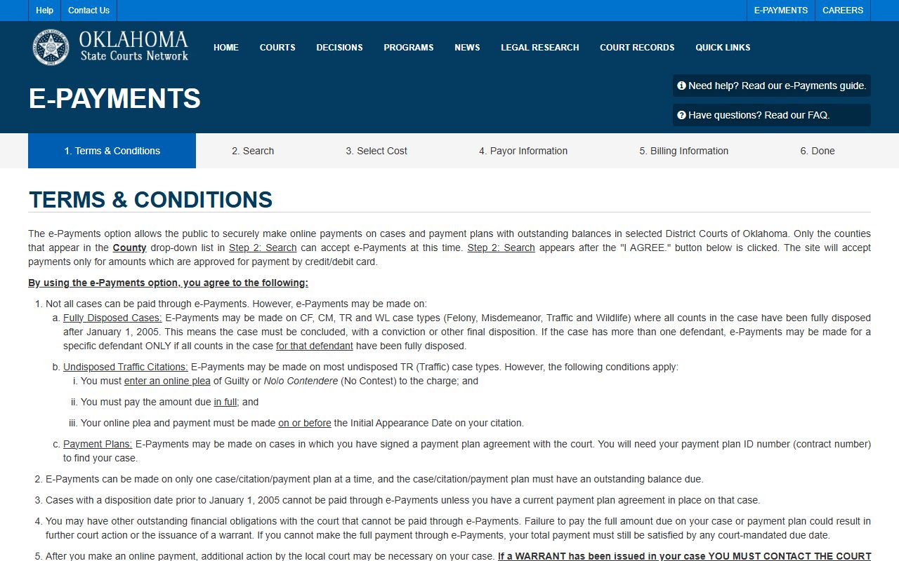 Noble County court records OSCN e-payments terms screen