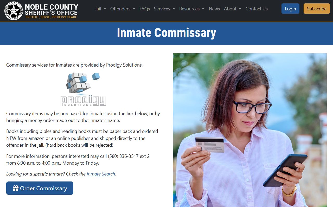 Noble County inmate commissary and JailATM deposit page