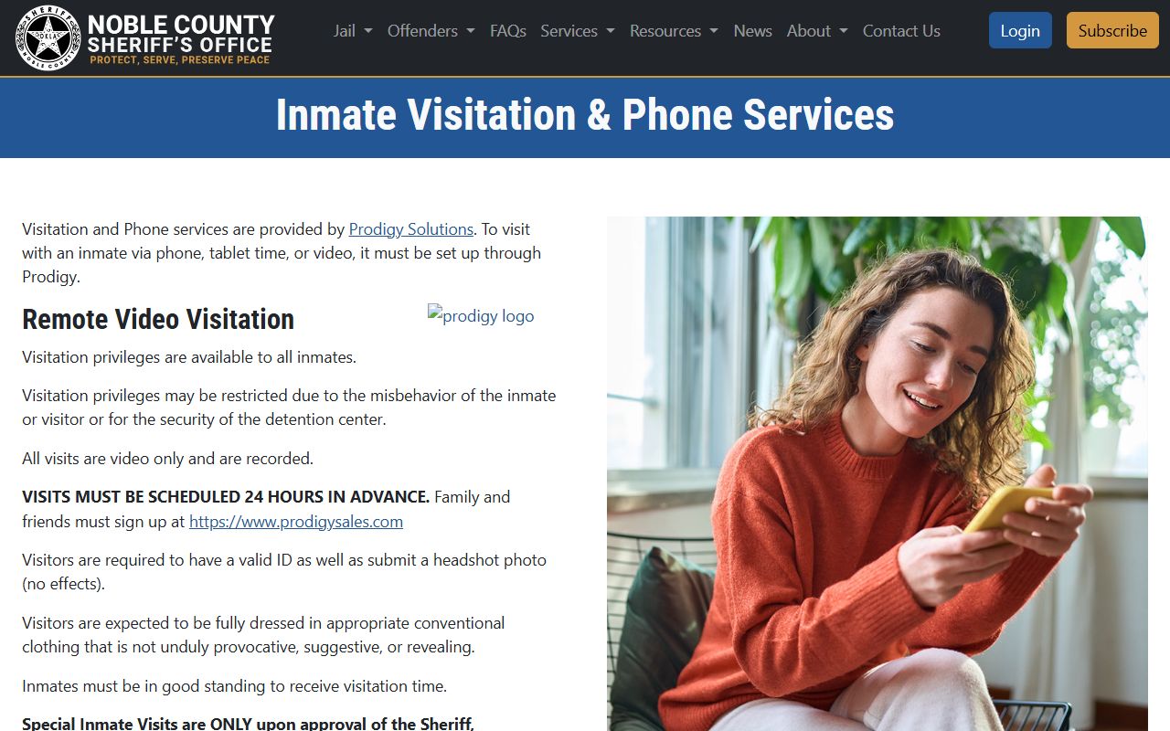 Noble County inmate jail visitation rules and Prodigy scheduling page