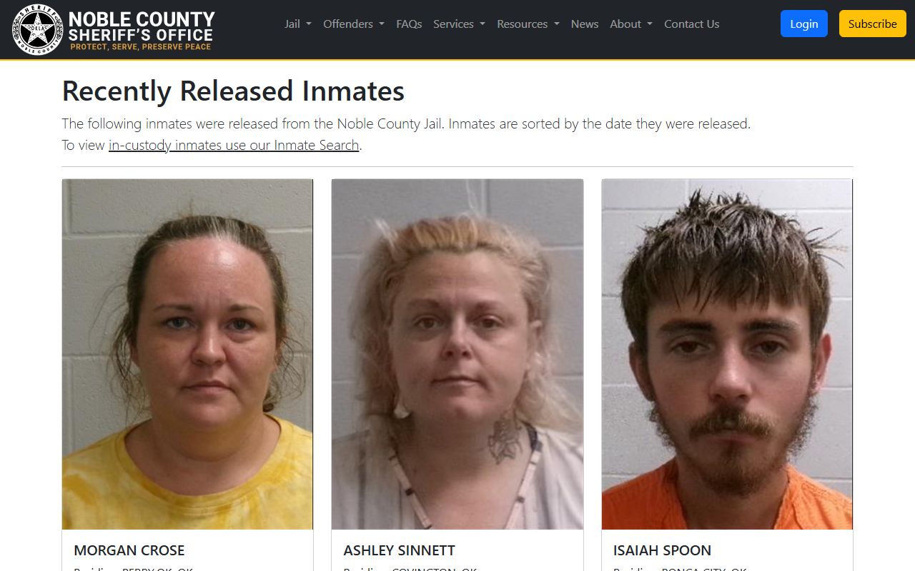Noble County inmate recently released listing fields