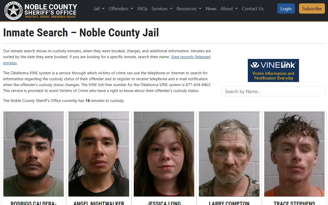 Noble County inmate search page on the sheriff's website
