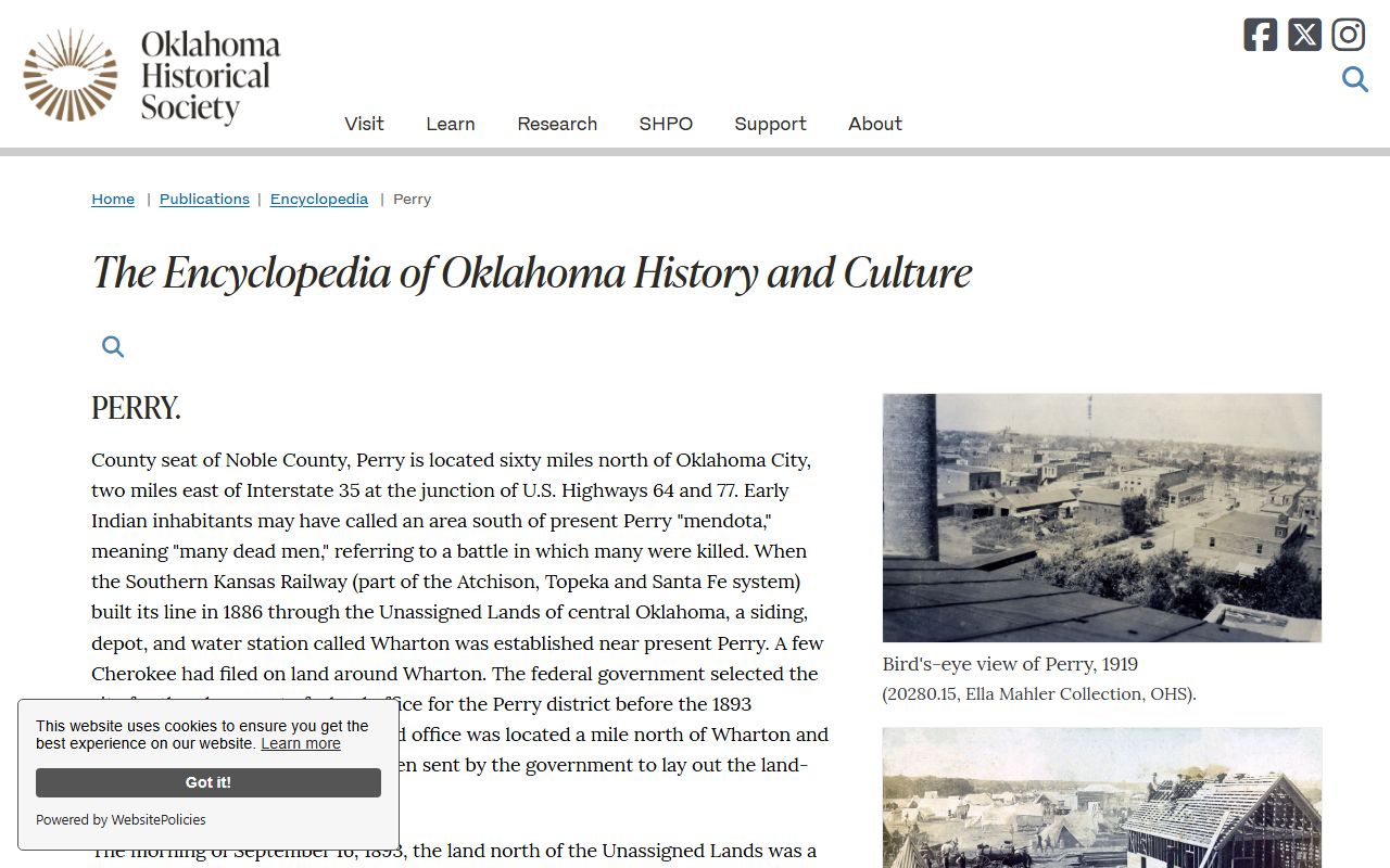 Oklahoma Historical Society Perry article linked to Noble County divorce and marriage records history
