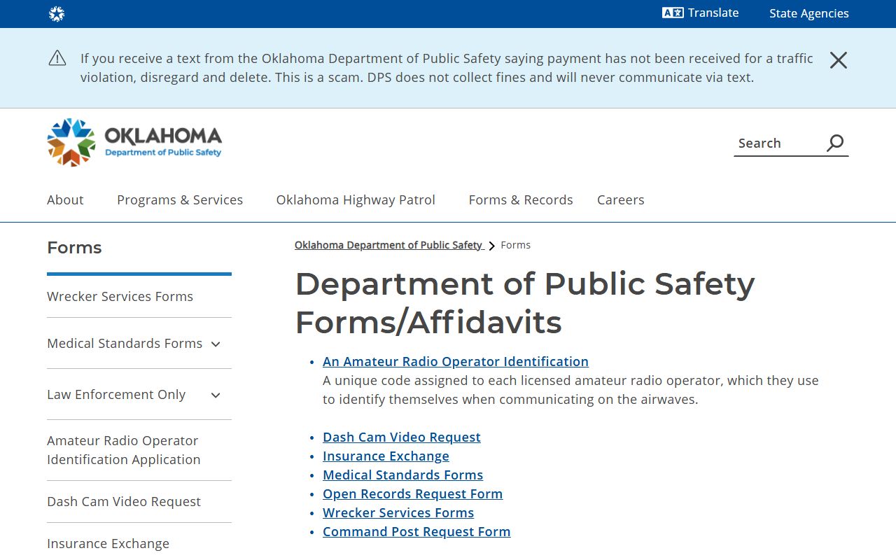 Oklahoma DPS forms page with Noble County traffic collision report materials