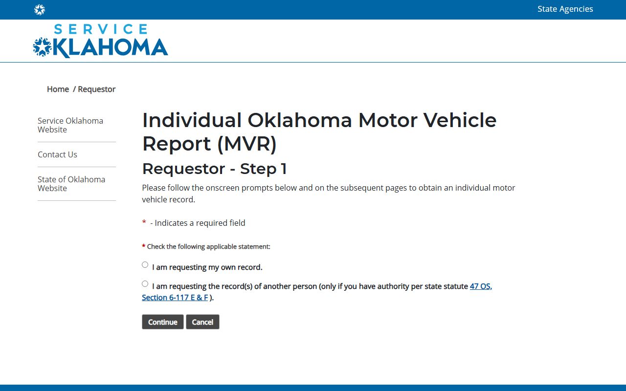 Noble County traffic and driving record request screen on the Service Oklahoma MVR portal