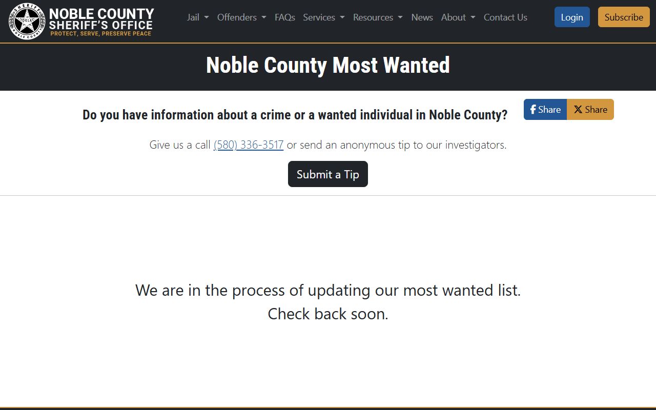 Noble County warrant most-wanted page on the sheriff website