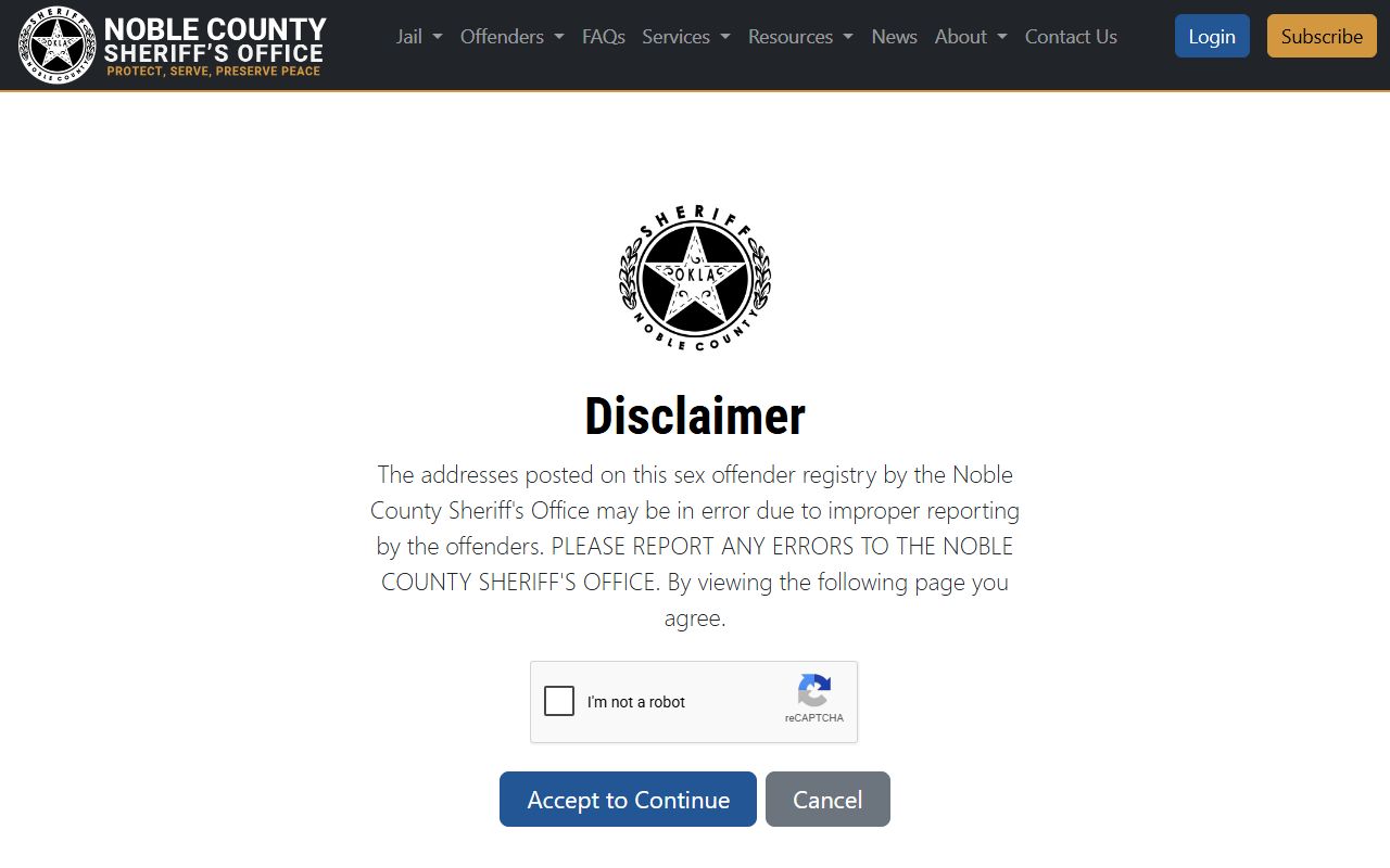 Noble County warrant research sheriff registry disclaimer page